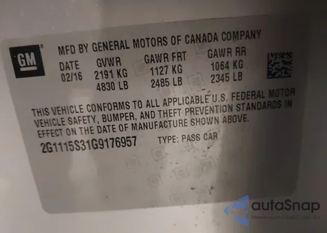 2016 Chevrolet Impala 2Lt z USA, uszkodzony, nr VIN 2G1115S31G9176957